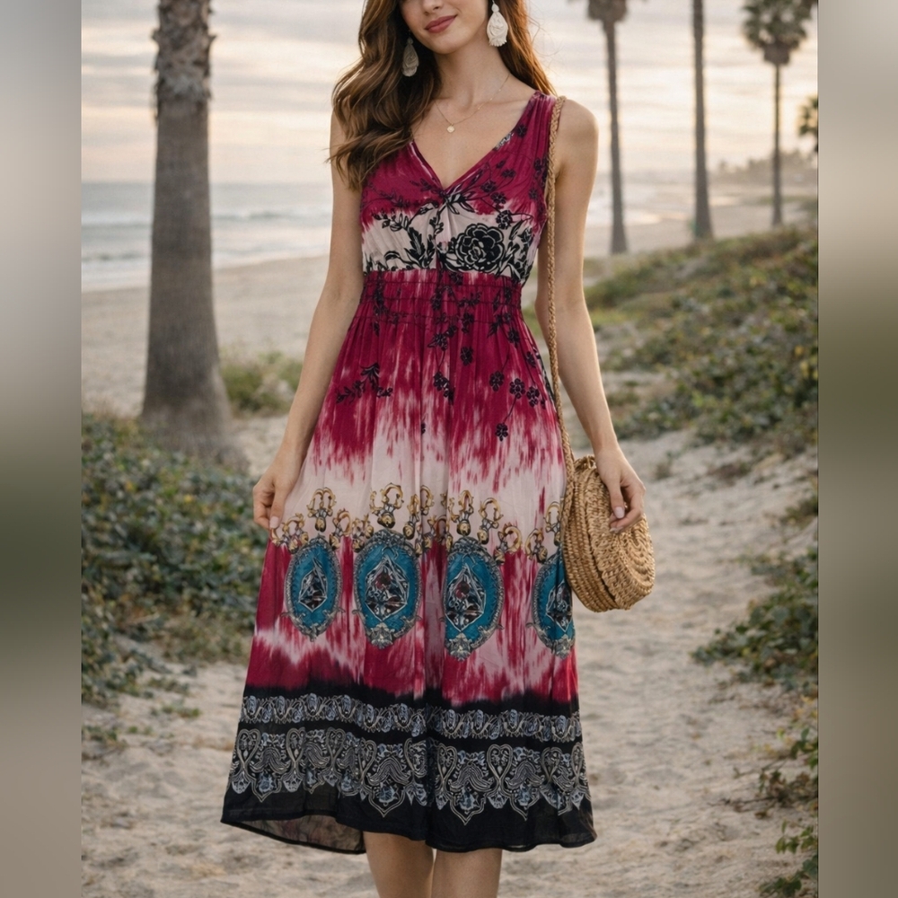 Papillon Blanc Pink & Teal Boho Midi Dress